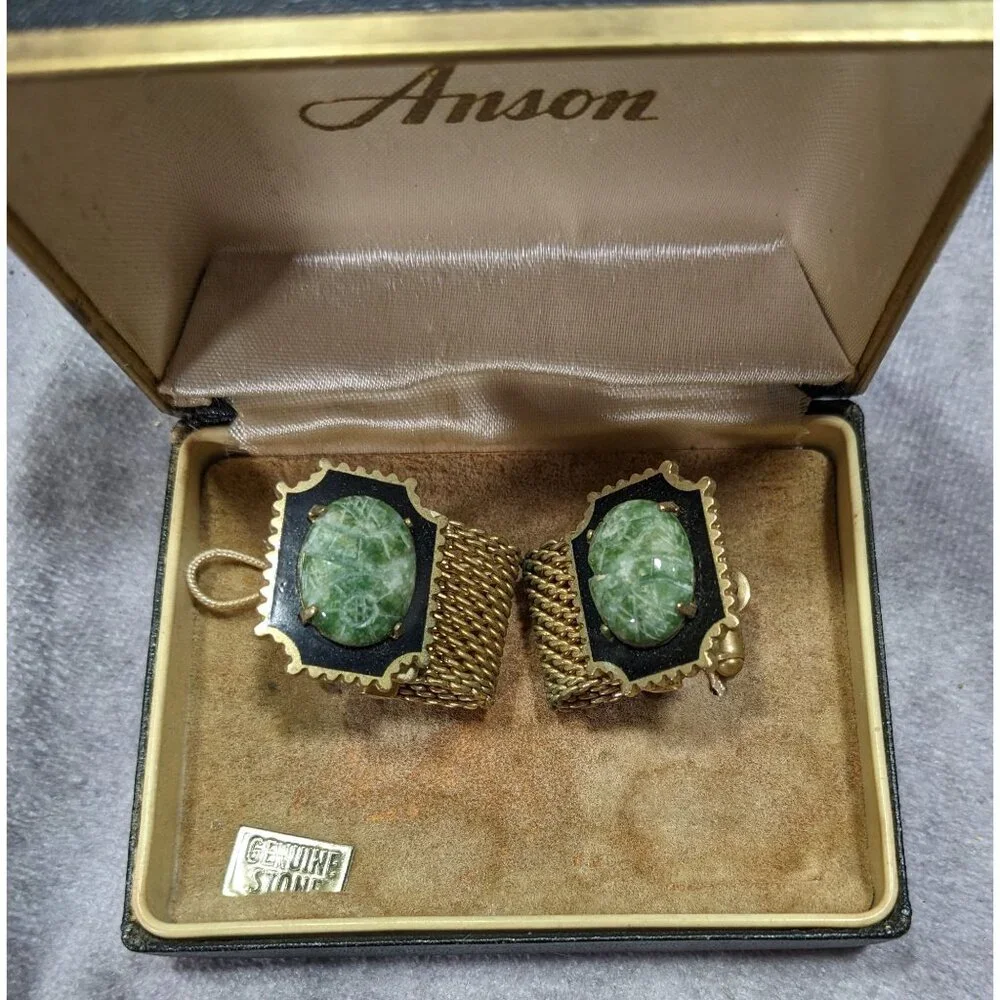 Vintage Anson Egyptian Revival Hand Carved Jade Scarab Cufflinks